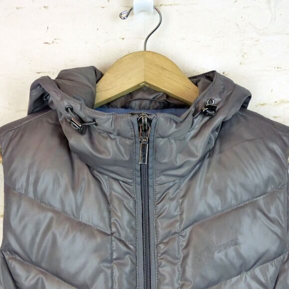 VTG Y2K Esprit Puffer Vest Womens 4US Metallic Coated Gray Hooded Down Feather - Picture 4 of 15